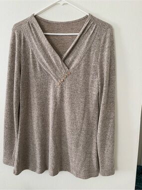 Cozy Taupe V-Neck Button Accent Sweater- size Small